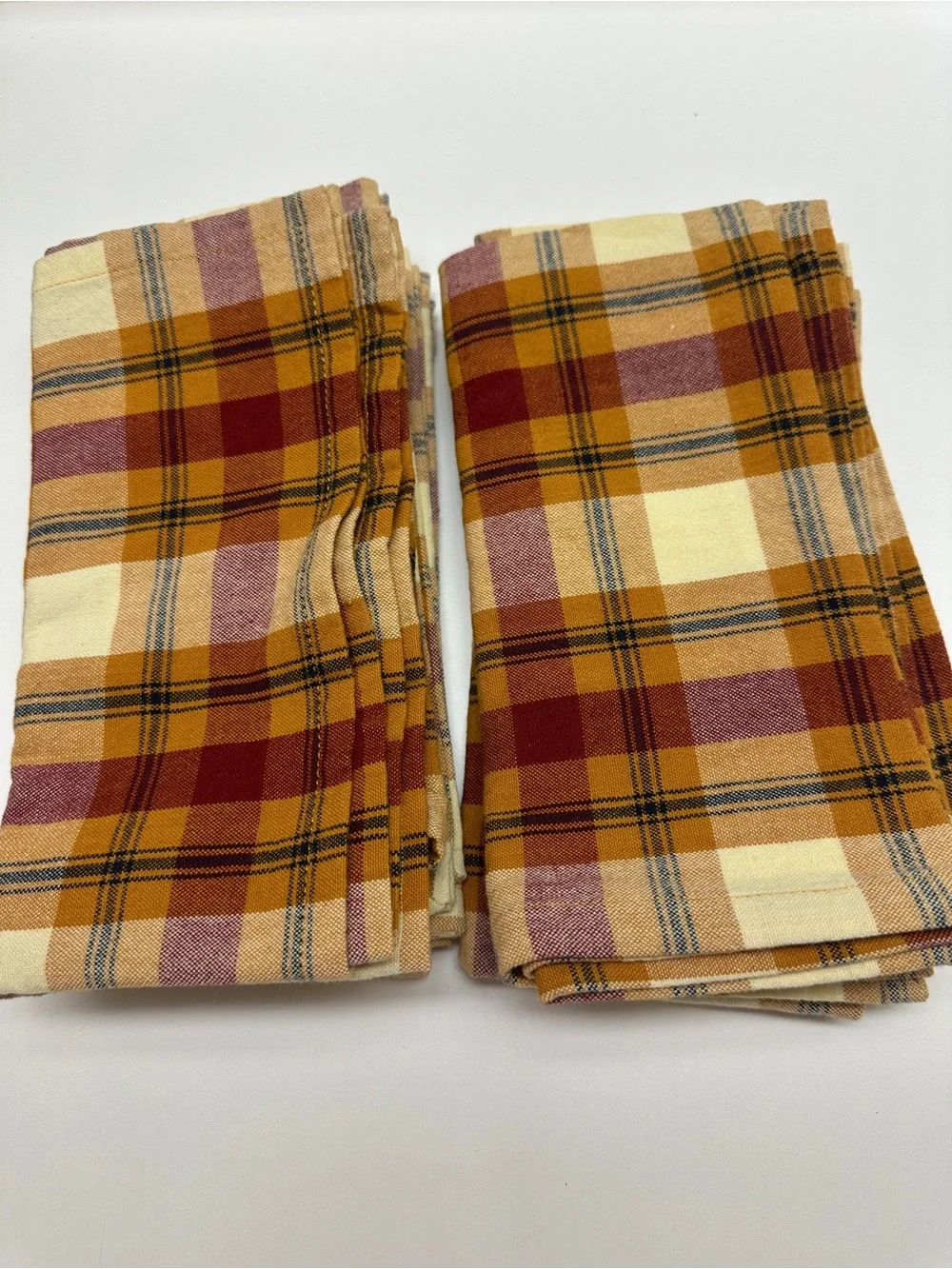 Plaid Cotton Napkins in Mustard, Burgundy & Cream - Set of  8